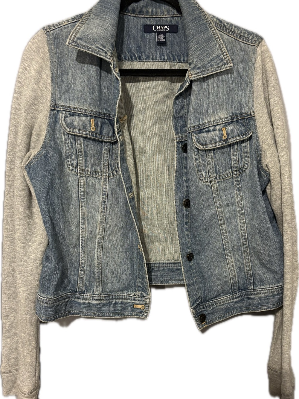 Chaps Light Blue Denim Jacket with Gray Knit Sleeves Women’s size Large